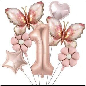 Balloons Set 7Pcs Butterfly 1st Birthday Party Foil, Pink Gold Daisy Heart Star